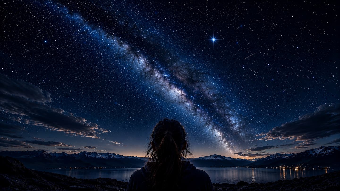 Une personne contemple la Voie lactée au-dessus de montagnes enneigées et d’un lac immobile, la nuit.