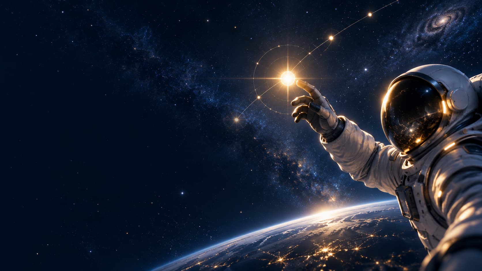 Un astronaute tend la main vers une étoile dorée au-dessus de la Terre, de nuit.
