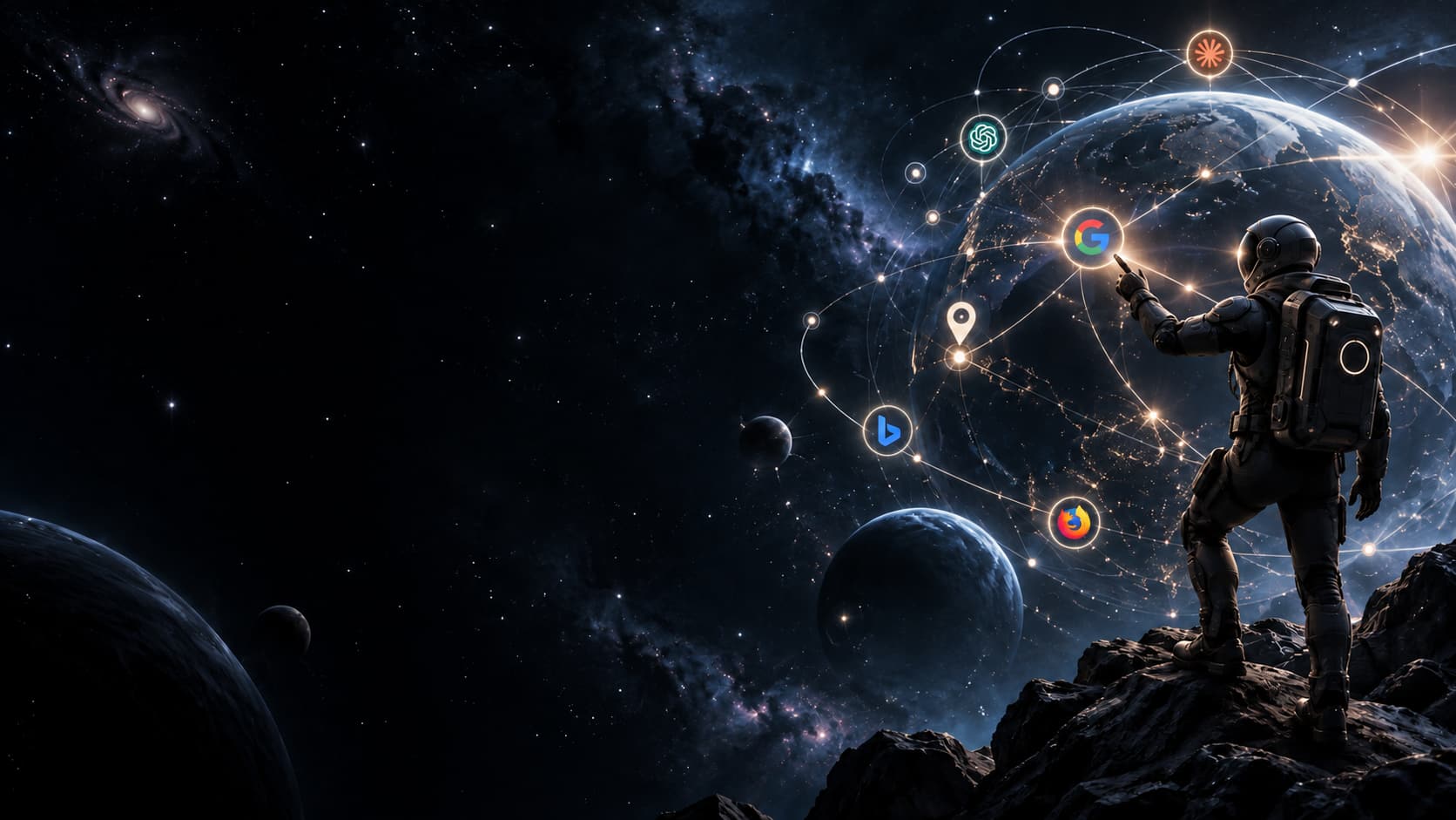 Un astronaute, sur une crête rocheuse, désigne un nœud Google lumineux, dans un réseau qui relie moteurs de recherche et assistants IA autour de la Terre.
