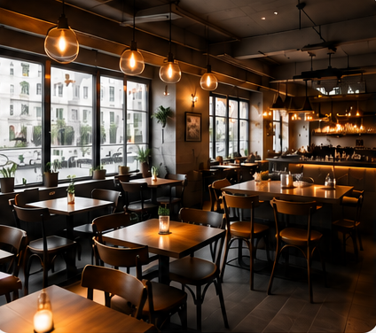 Intérieur chaleureux du café à remettre à Lausanne — tables en bois et suspensions lumineuses