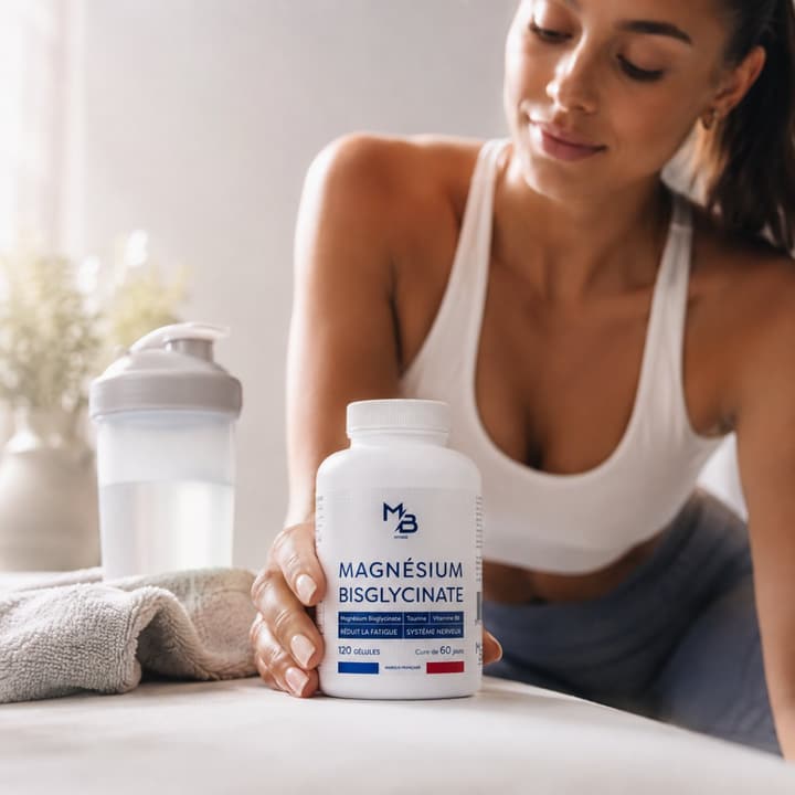 Une femme tenant un flacon de Magnésium Bisglycinate MB Fitness, à côté d’un shaker et d’une serviette pliée.